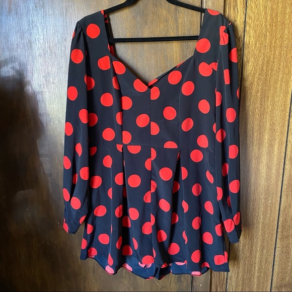 NWT ASOS Square Neck Long Sleeve Romper with Tie Back Polka Dot Red Black 10 - Picture 2 of 8